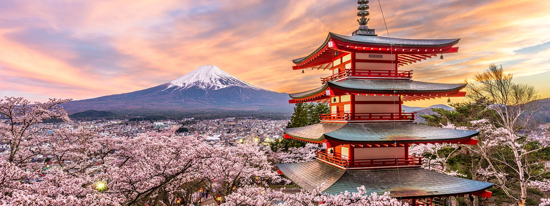 Japanese temple and view of Mount Fuji at sunset