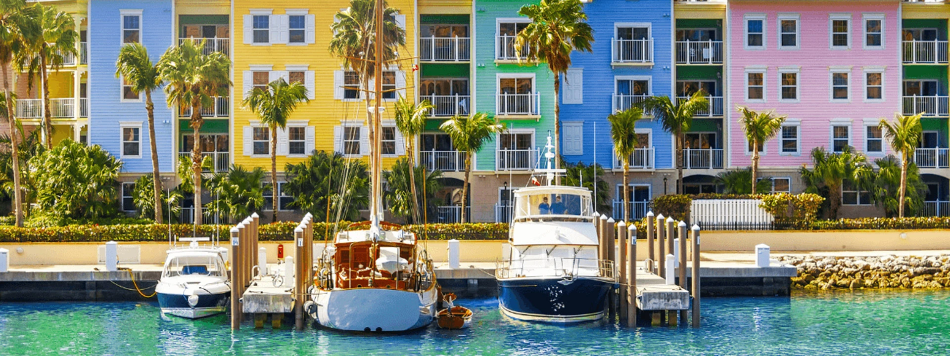 harbour and colourful buildings in the Bahamas on a Caribbean cruise